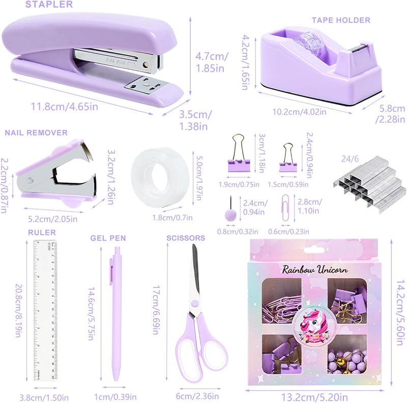 COMFYROOM Desk Accessories with Pen Holder, Office Supplies Desk Organizers and Accessories, Tape Dispenser, Stapler, Staple Remover, Staples, Clips Set, Ruler, Scissor, Pen, Tape (Purple) - Image 4